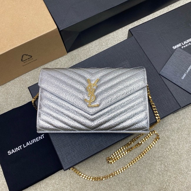 SAINT LAUREN CASSANDRE MATELASSE CHAIN WALLET IN GRAIN DE POUDRE EMBOSSED LEATHER 377828 Silver