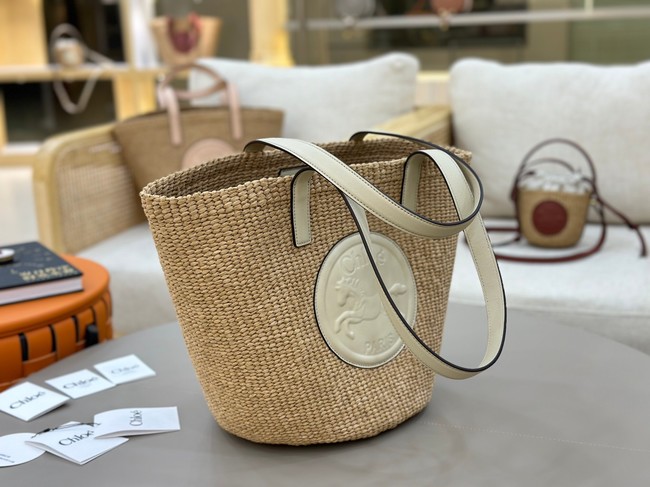 CHLOE Woven Raffia Slit Mini Tote Bag 11265 white