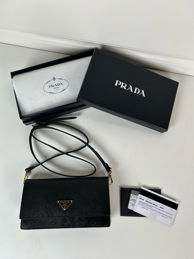 Prada Leather wallet with shoulder strap 1MF059 black