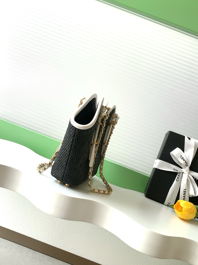 CHANEL Small Tote Braided Raffia AS6015 Black & White