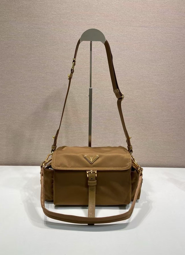 Prada Route medium leather tote bag Re-Nylon 1BD394 camel